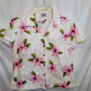 Vintage Pacific Legend Hawaiian Shirt White Pink Floral Pattern Women XL